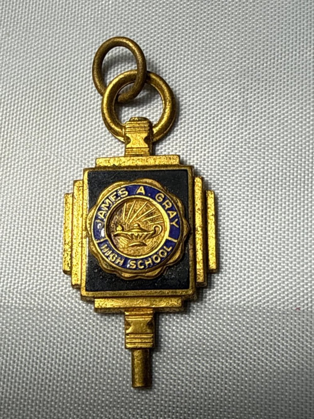VTG James A Gray High School Senior Key Pendant Gold Tone Lamp of Knowledge Char